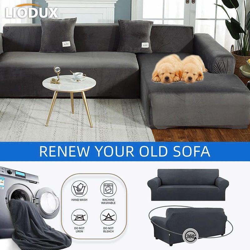 LIODUX غطاء أريكة مخملي من مع غطاء وسادة واحد، غطاء أريكة مطاطي مانع للانزلاق، مناسب لأريكة 1/2/3/4 مقاعد أو على شكل حرف L، واقي أثاث للكلاب والحيوانات الأليفة والأطفال (رمادي، مقعدان) - Image 4