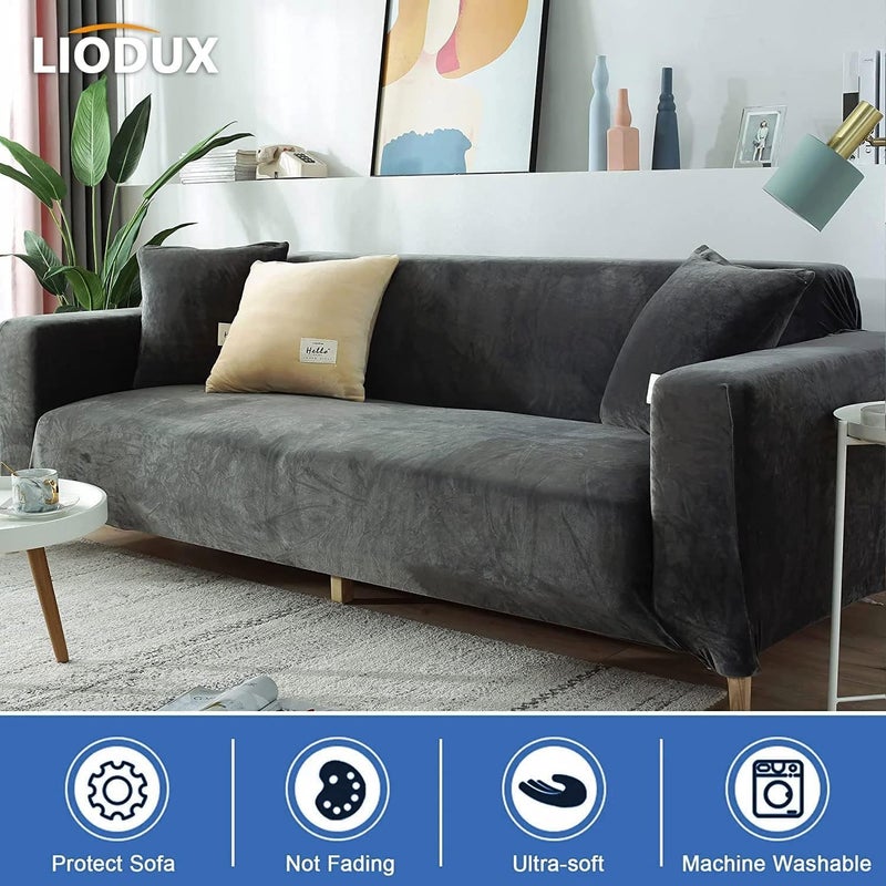 LIODUX غطاء أريكة مخملي من مع غطاء وسادة واحد، غطاء أريكة مطاطي مانع للانزلاق، مناسب لأريكة 1/2/3/4 مقاعد أو على شكل حرف L، واقي أثاث للكلاب والحيوانات الأليفة والأطفال (رمادي، مقعدان) - Image 2