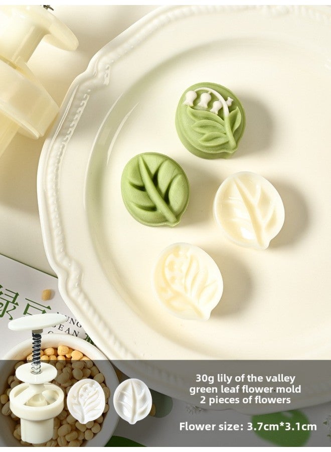 Mung Bean Cake Mold Food Grade Household Hand-pressed Three-dimensional Embossed Ice-skin Moon Cake Pastry Baking Grinder-Specifications:30g Lily Of The Valley Green Leaves (1 Mold 2 Pieces)-Color:See Picture - Image 1