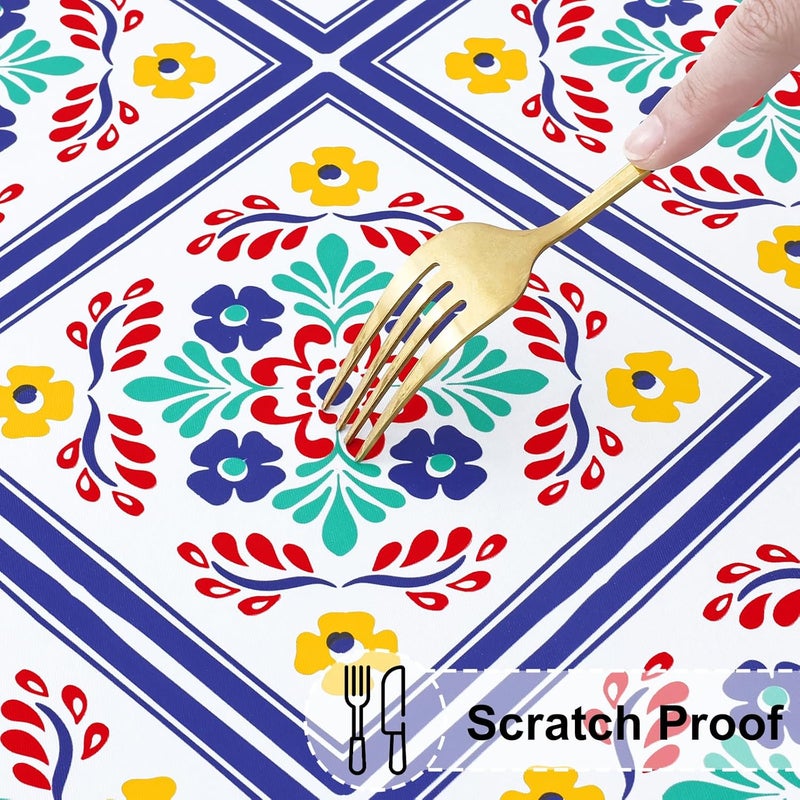 misaya Round Fitted Tablecloth with Elastic Edge 100 Waterproof Oil Proof Plastic Table Cover Vinyl Flannel Backed Table Cloth Fits 3644 Round Tables for Dinner Picnic Geometric Flower - Image 5
