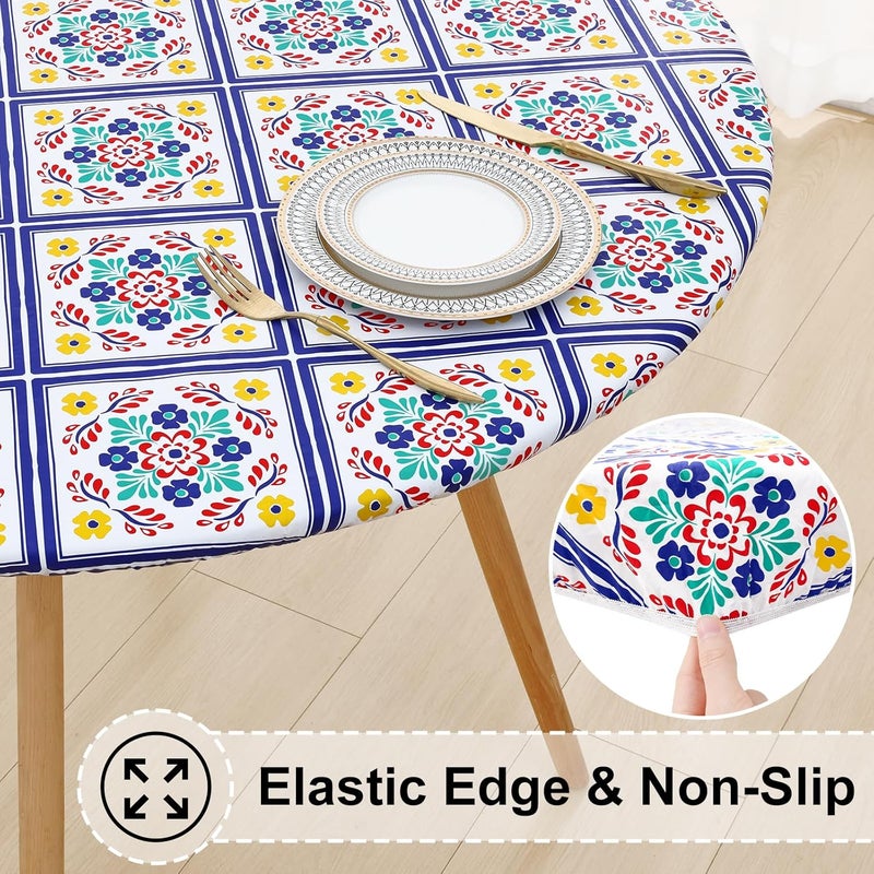 misaya Round Fitted Tablecloth with Elastic Edge 100 Waterproof Oil Proof Plastic Table Cover Vinyl Flannel Backed Table Cloth Fits 3644 Round Tables for Dinner Picnic Geometric Flower - Image 2