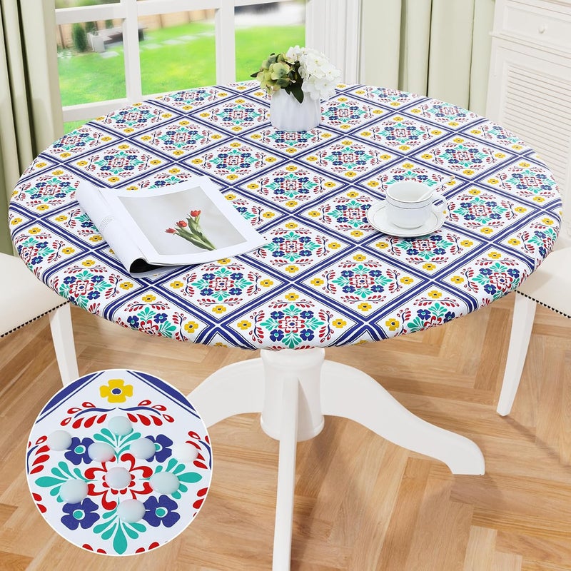 misaya Round Fitted Tablecloth with Elastic Edge 100 Waterproof Oil Proof Plastic Table Cover Vinyl Flannel Backed Table Cloth Fits 3644 Round Tables for Dinner Picnic Geometric Flower - Image 1