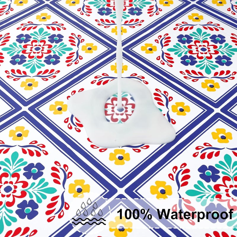 misaya Round Fitted Tablecloth with Elastic Edge 100 Waterproof Oil Proof Plastic Table Cover Vinyl Flannel Backed Table Cloth Fits 3644 Round Tables for Dinner Picnic Geometric Flower - Image 3