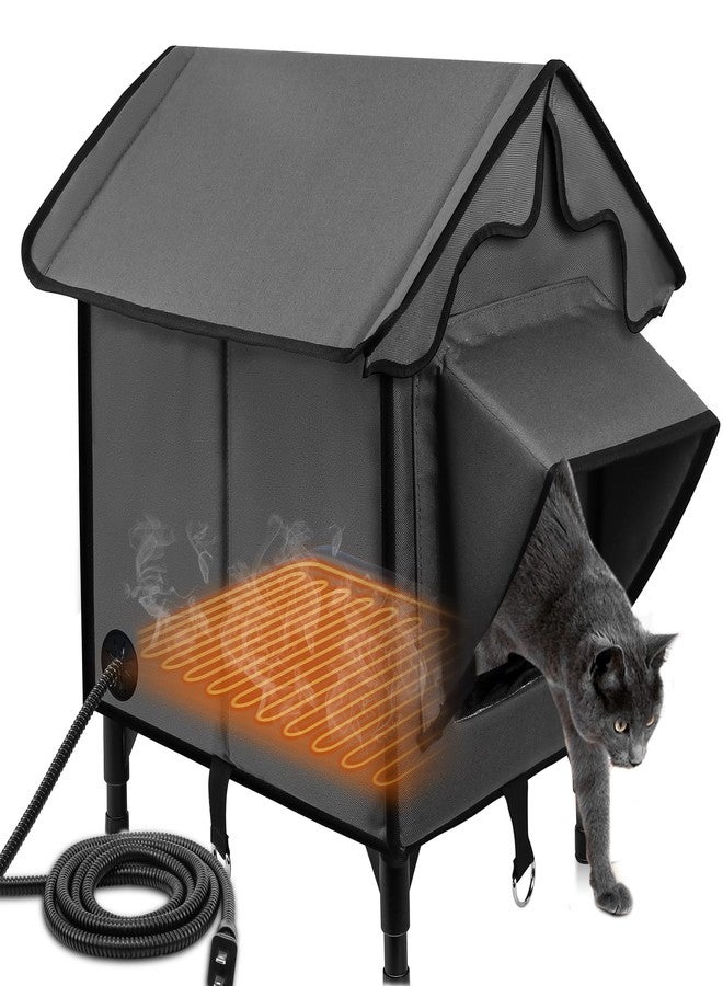 Newget Heated Cat House for Outside, Winter Insulated Cats House with Heated Pad, Waterproof Weatherproof Cat Shelter for Outdoor Indoor Cats, Cozy Elevated Feral Cat House Bed Gray 21x19.4x16.5 in - Image 1
