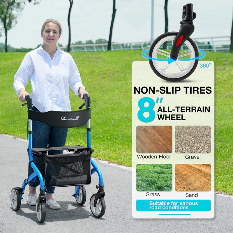 PLANET WALK Super Lightweight Rollator Walker for Seniors, Foldable Rolling Walker with Seat and 8" Rubber Wheels for All Terrain, Unique Design Aluminium Frame Sturdy Walkers for Traveling - Blue - Image 3