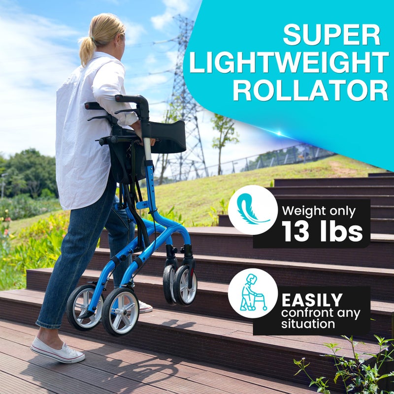 PLANET WALK Super Lightweight Rollator Walker for Seniors, Foldable Rolling Walker with Seat and 8" Rubber Wheels for All Terrain, Unique Design Aluminium Frame Sturdy Walkers for Traveling - Blue - Image 5