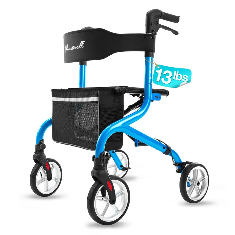 PLANET WALK Super Lightweight Rollator Walker for Seniors, Foldable Rolling Walker with Seat and 8" Rubber Wheels for All Terrain, Unique Design Aluminium Frame Sturdy Walkers for Traveling - Blue - Image 1
