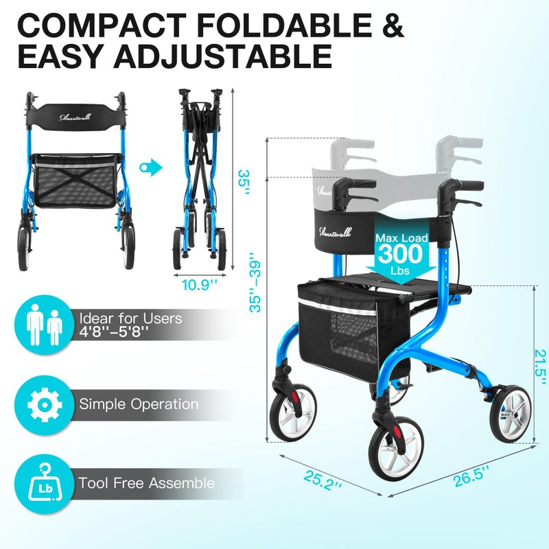 PLANET WALK Super Lightweight Rollator Walker for Seniors, Foldable Rolling Walker with Seat and 8" Rubber Wheels for All Terrain, Unique Design Aluminium Frame Sturdy Walkers for Traveling - Blue - Image 2