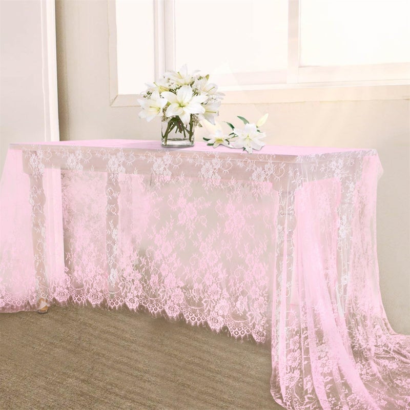 BCOOL Pink Lace Table Cloth 60 x 120 Inches Rectangle Vintage Embroidered Bridal Wedding Table Cloth Sheer Overlay for Rustic Outdoor Party Reception Home Decor