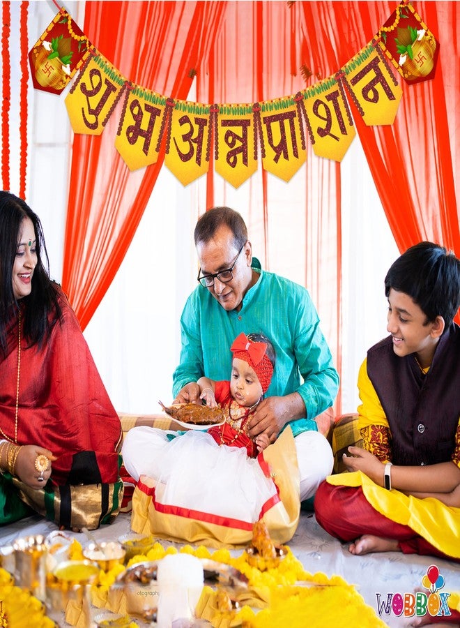 ووبوكس WOBBOX Annaprashan Bunting Banner، الخط الهندي "Shubh Annaprashan" خلفية صفراء مع خط بلون كستنائي، عنصر زخرفة Annaprashan - Image 5