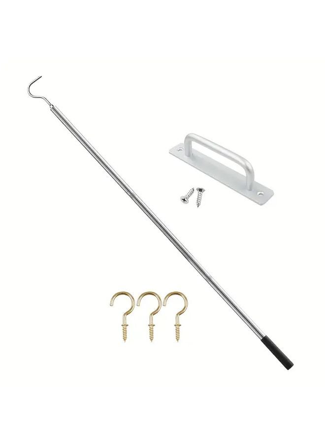 White Telescopic Rod Aluminum Alloy Handle Stainless Steel Hook Attic Ladder Accessory - Image 1