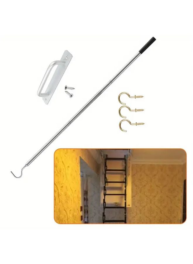 White Telescopic Rod Aluminum Alloy Handle Stainless Steel Hook Attic Ladder Accessory - Image 3