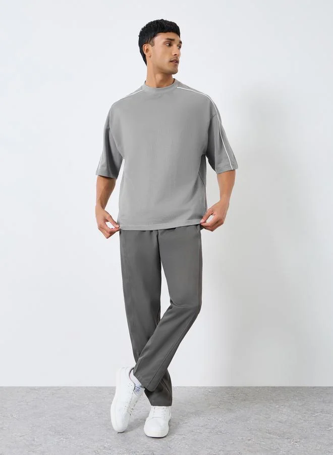 Styli Men Grey Boxy Fit Contrast Piping T-Shirt
