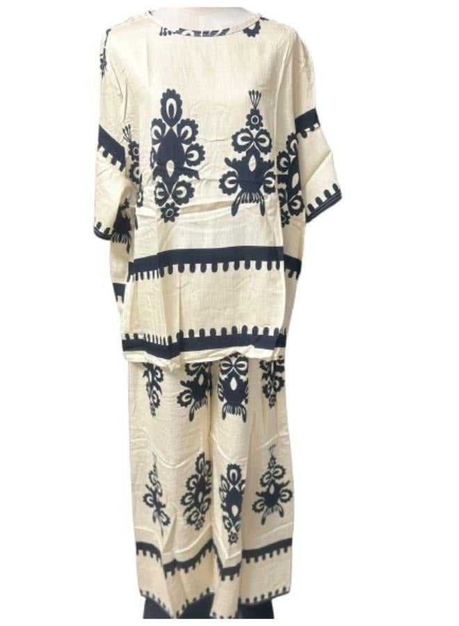 2pc Linen Printed Co-Ord Set for Women - Lightweight and Breathable Outfit - Casual Summer Top and Wide Leg Pants Fit Medium to Large - Image 1