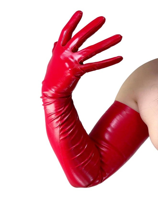 DooWay Women's Red 70CM THIN Leather GLOVES Faux PU Stretchy Soft NO Lining 28" Shoulder Long, 4 Seasons Evening Party Fashion Costume Cosplay Glove - Image 1