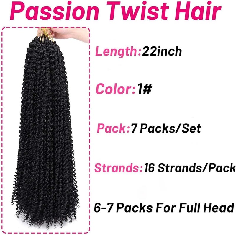 Dorsanee Black Passion Twist Hair 22 Inch 7 Packs Water Wave Crochet Hair Long Bohemian Curly Braiding Hair for Butterfly Locs, Faux Locs, Boho Style Spring Twist Crochet Braids (1#) - Image 2