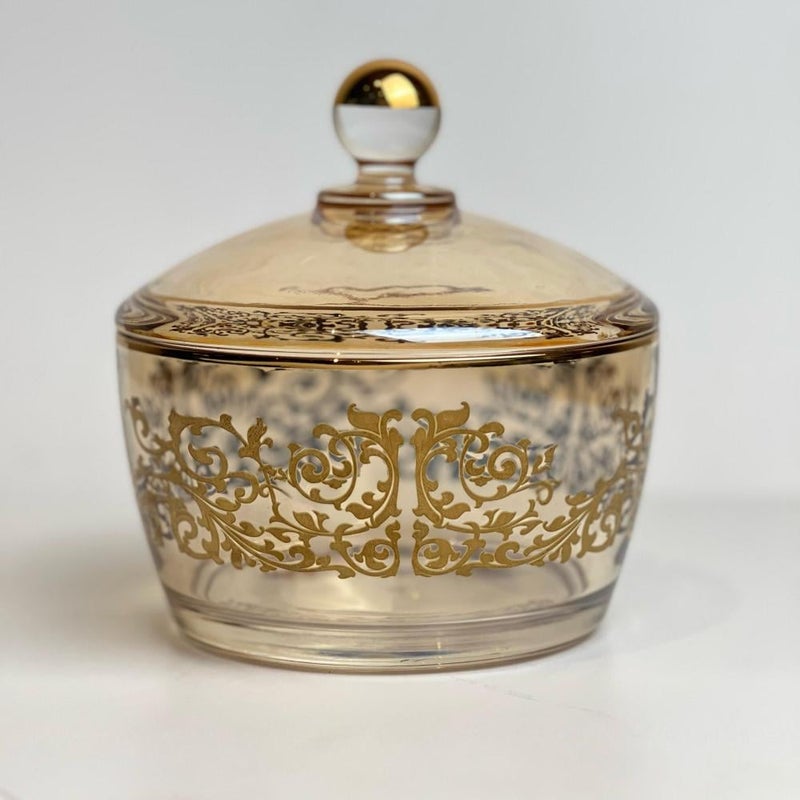 Soleter Dinar Collection Dates Bowl with Ornate Gold Filigree Design - Amber Glass Body with Gold Accents, Large Size Premium Serving Dish