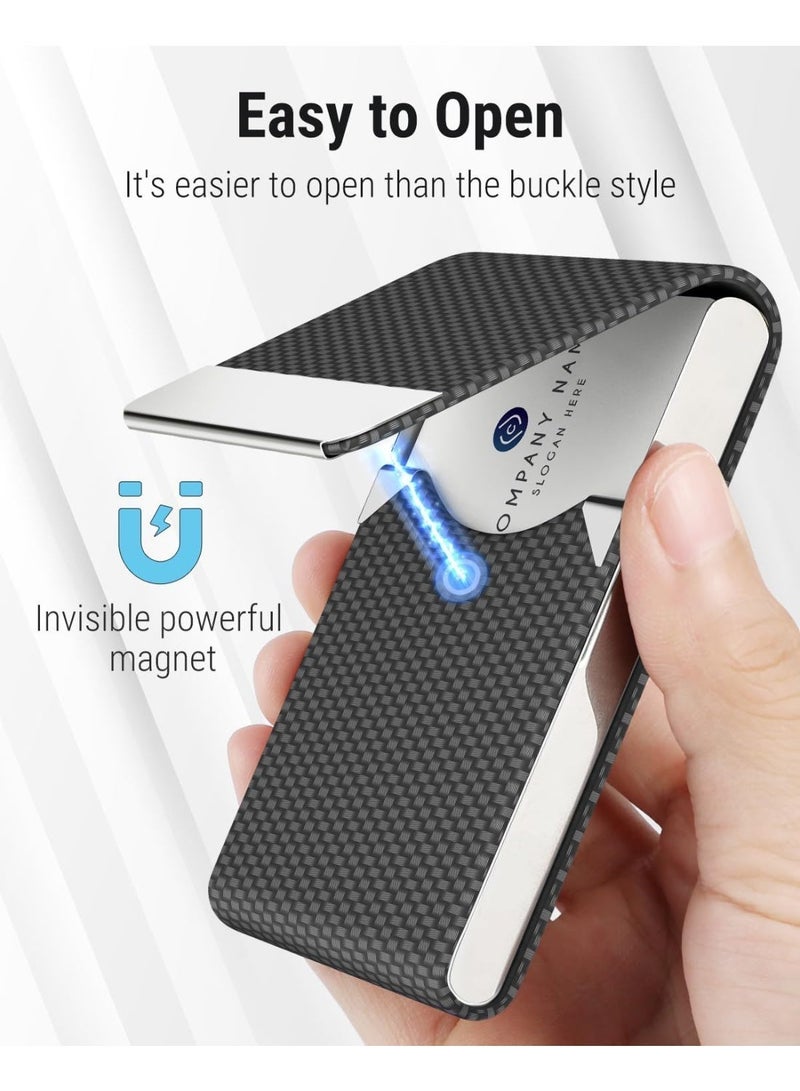 LuckyNov Business Card Holder, PU Leather & Stainless Steel Business Card Case for Men or Women, Slim Name Cards Holder  Carrier with Magnetic Closure, Black Carbon - Image 4