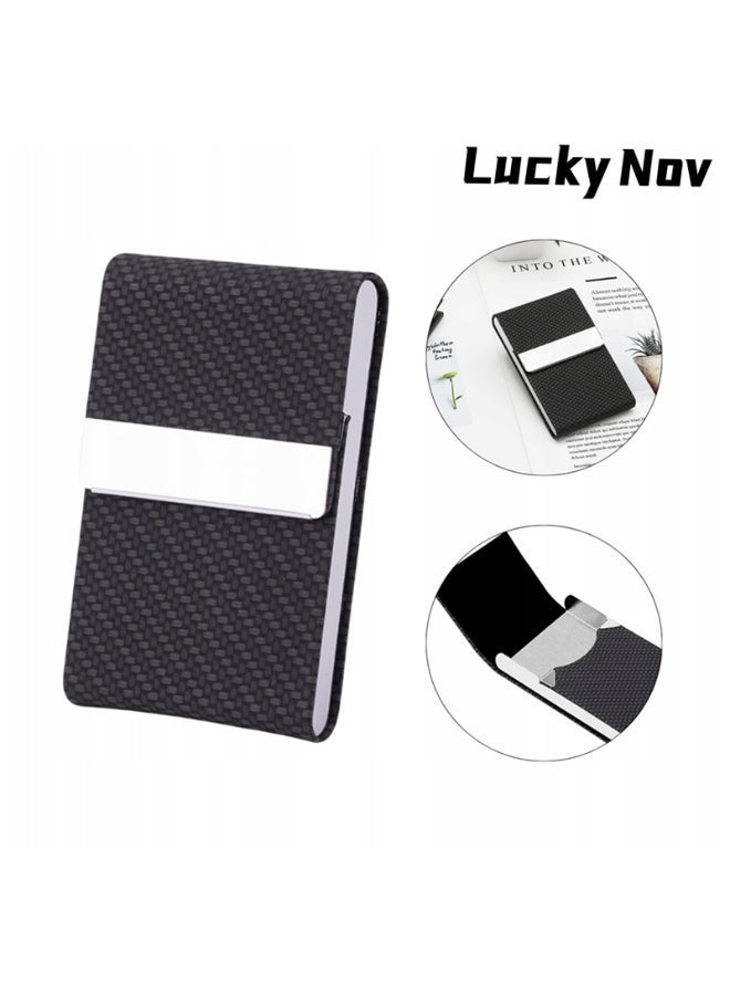 LuckyNov Business Card Holder, PU Leather & Stainless Steel Business Card Case for Men or Women, Slim Name Cards Holder  Carrier with Magnetic Closure, Black Carbon - Image 1