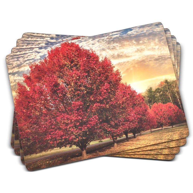 Pimpernel Crimson Trees Placemats  Set of 4 Rectangular Cork Backed Table Mats with Autumn Forest Design  Heat  Stain Resistant Dining Placemats for Seasonal Table Decor or NatureInspired Settings