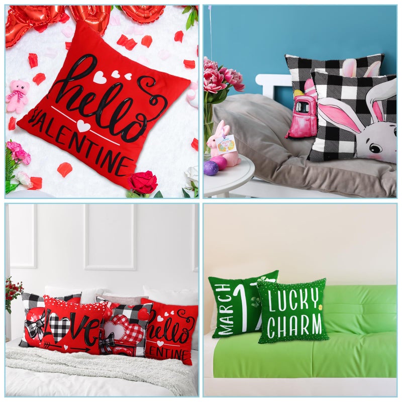 VitalCozy 12 Pcs Valentine's Day St Patrick's Day Easter Pillow Covers 18 x 18 Inch Heart Shamrock Bunny Throw Pillow Covers Buffalo Plaid Pillowcases for Holiday Couch Sofa Bed Party Decor Gifts - Image 4