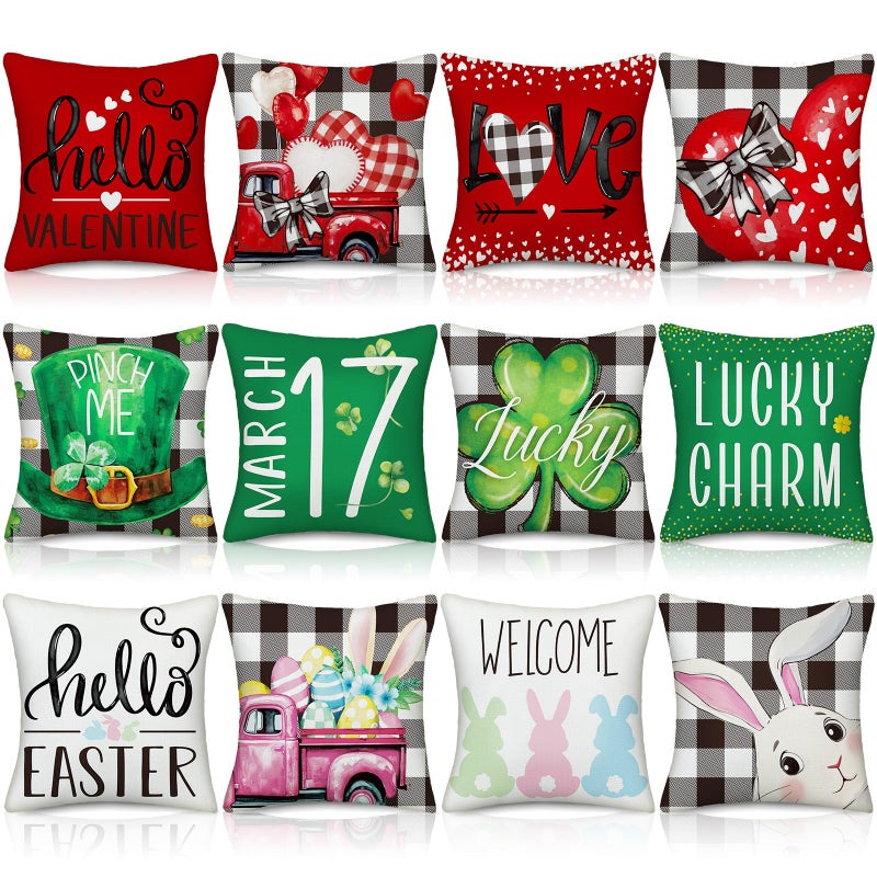 VitalCozy 12 Pcs Valentine's Day St Patrick's Day Easter Pillow Covers 18 x 18 Inch Heart Shamrock Bunny Throw Pillow Covers Buffalo Plaid Pillowcases for Holiday Couch Sofa Bed Party Decor Gifts - Image 1