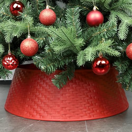 Blissun Christmas Tree Collar, 28.7" D Round Plastic Christmas Tree Ring, Christmas Tree Skirt for Artificial Christmas Trees Decoration (Red) - Image 1