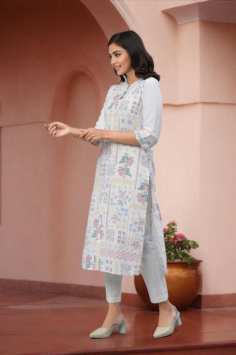 Aurelia Floral Printed White Cotton Blend Women's Kurta and Trousers Set - Image 2