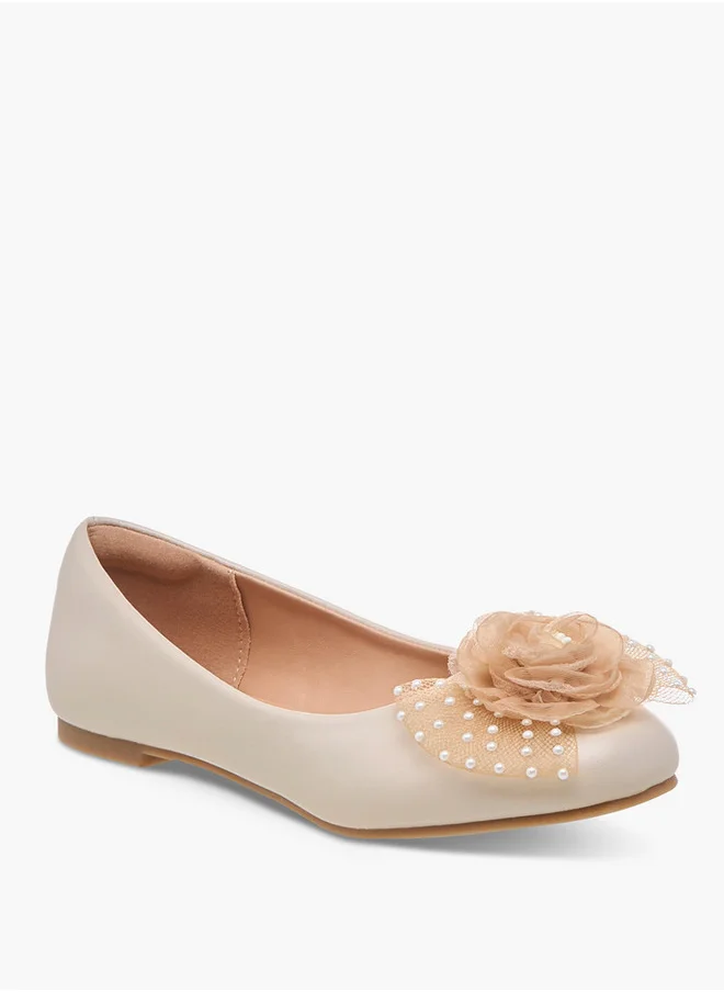 Little Missy Pearl Embellished Ballerina Shoes with Flower Applique