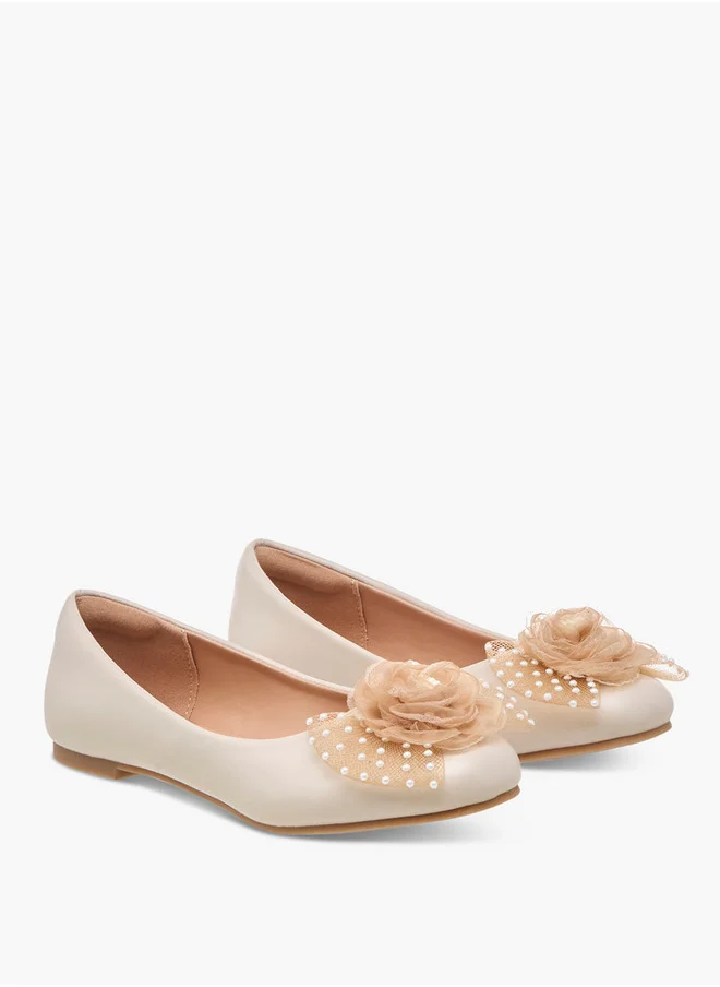 Little Missy Pearl Embellished Ballerina Shoes with Flower Applique
