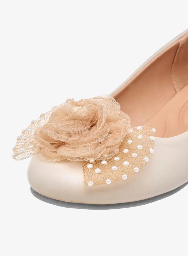 Little Missy BEIGE Pearl Embellished Ballerina Shoes with Flower Applique for Women | Best Price UAE
