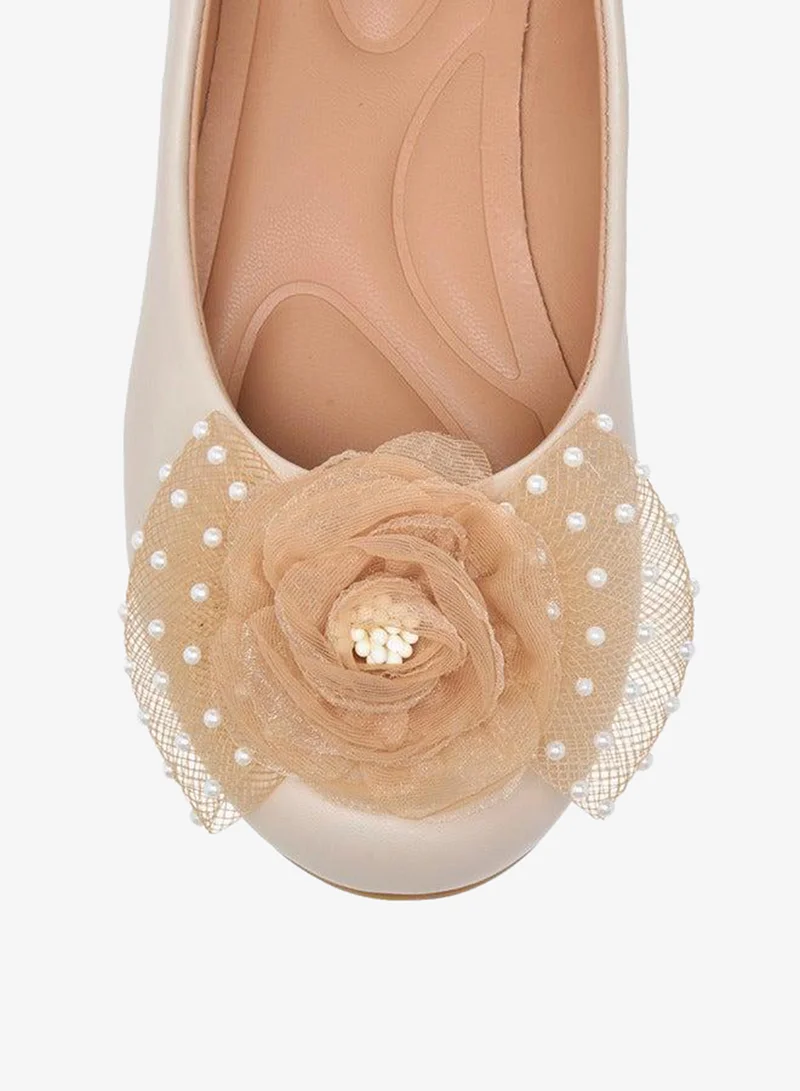 Little Missy BEIGE Pearl Embellished Ballerina Shoes with Flower Applique for Women | Best Price UAE