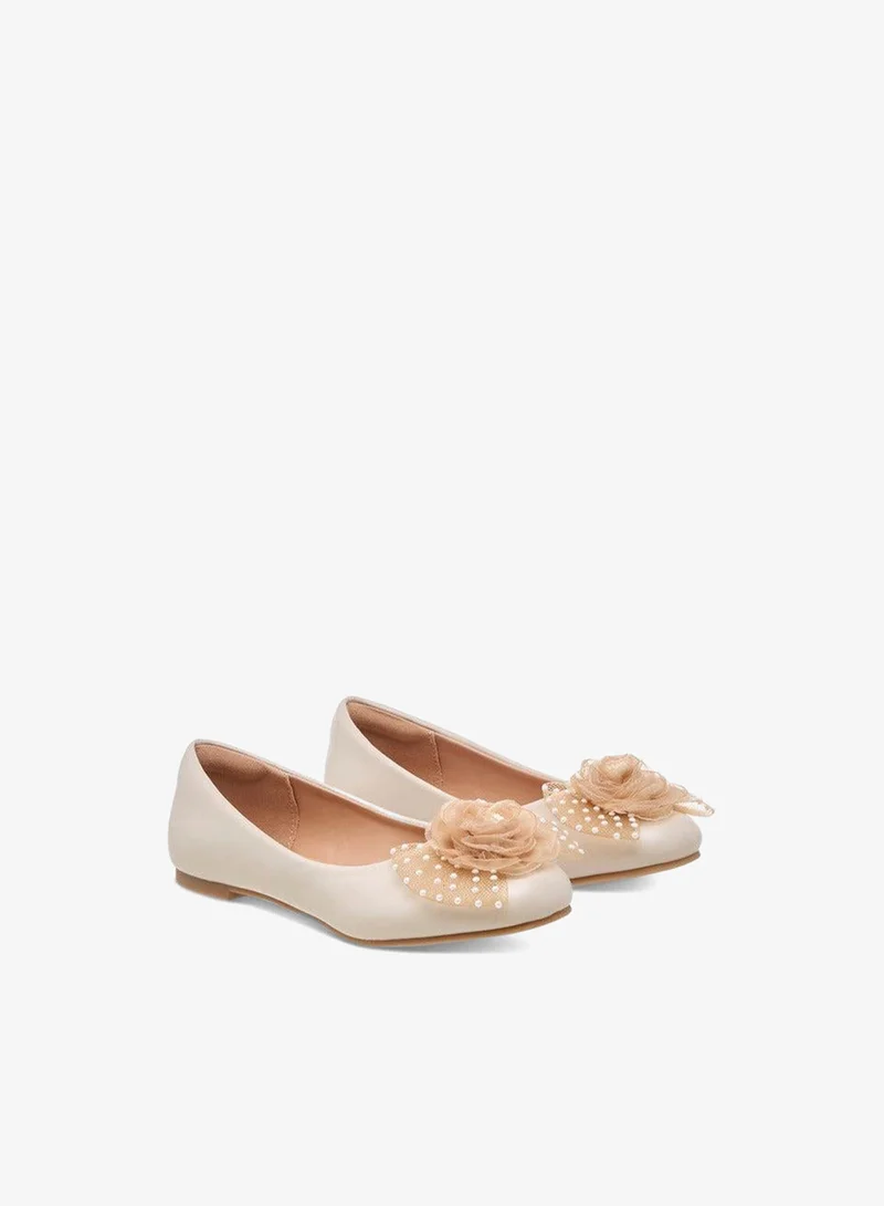 Little Missy BEIGE Pearl Embellished Ballerina Shoes with Flower Applique for Women | Best Price UAE