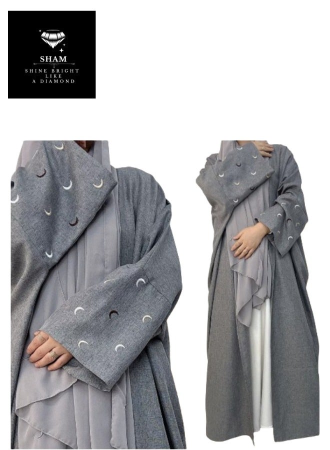 Sham 5 Abaya Pieces Crescent Moon Abaya Beige Gray Olive Brown And Black - Image 4