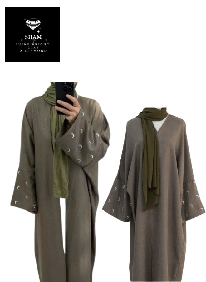 Sham 5 Abaya Pieces Crescent Moon Abaya Beige Gray Olive Brown And Black - Image 5