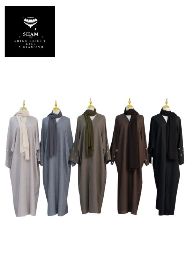 Sham 5 Abaya Pieces Crescent Moon Abaya Beige Gray Olive Brown And Black - Image 2