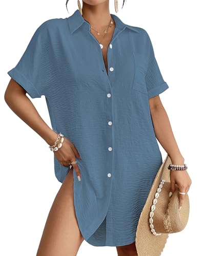 Bsubseach Women Swimsuit Coverup Shirt Dress Button Down Bathing Suit Cover Up Beach Vacation Outfits Haze Blue M - Image 1