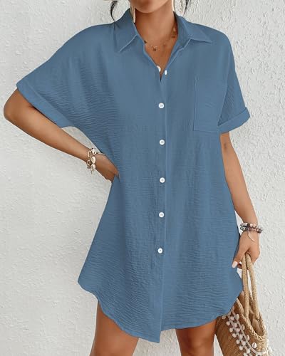 Bsubseach Women Swimsuit Coverup Shirt Dress Button Down Bathing Suit Cover Up Beach Vacation Outfits Haze Blue M - Image 2