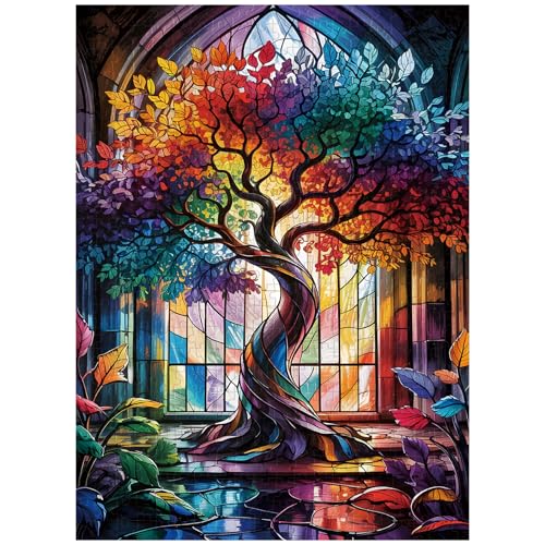 Artinhand Great Jigsaw Puzzles for Adults 500 Pieces Stained Glass Tree of Life Wooden Challenging Puzzles Gift for Friends Family Home Decoration Puzzle - Image 1