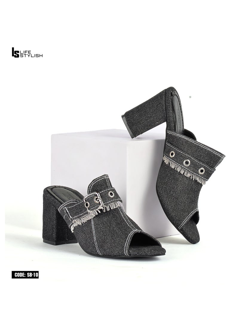 لايف ستيلاش  Lifestylesh  جذاء كعب  قماش جينز - اسود SB-10  - Image 2
