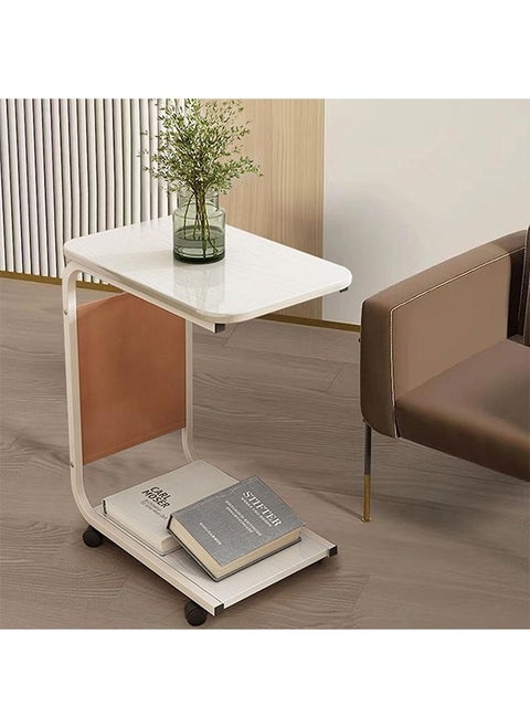 C-Shaped Side Table with Wheels, Compact Bedside and Sofa Table for Living Room, Bedroom, and Small Spaces, Dual Storage, Modern Coffee Table with Castors (45x30x65cm, White)
