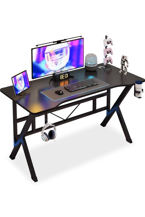 Gaming Table K Shaped, Ergonomic Computer Desk with Carbon Fiber Surface, Study Tables with Headphone Holder and Cup Holder, PC Desk Table for Home Office Workstaion