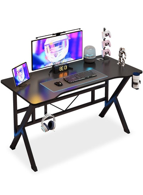 Gaming Table K Shaped, Ergonomic Computer Desk with Carbon Fiber Surface, Study Tables with Headphone Holder and Cup Holder, PC Desk Table for Home Office Workstaion