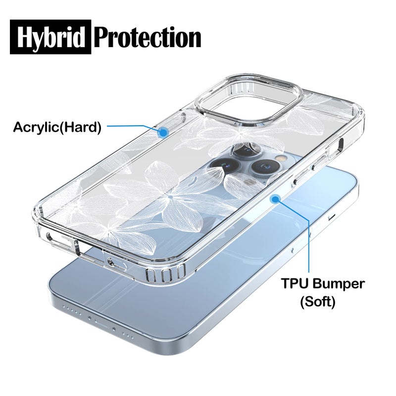 RANZ Compatible with iPhone 13 Pro Case, Anti-Scratch Shockproof Series Clear Hard PC+ TPU Bumper Protective Cover Case for iPhone 13 Pro (6.1") - White Flower - Image 4
