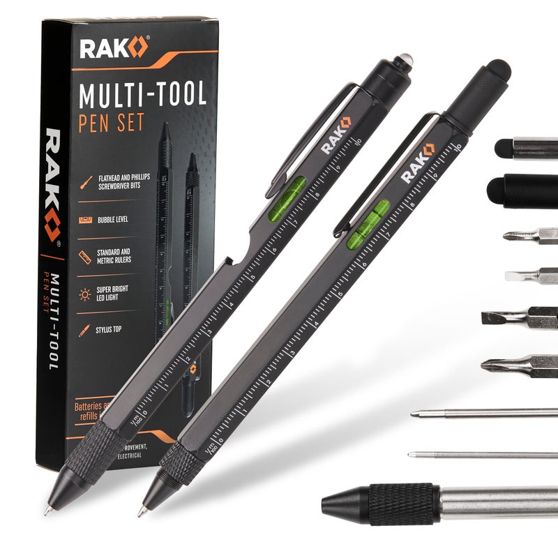 RAK Multitool Pen 2-Pack - Multi-Tool Pens with LED Light, Flathead & Phillips Screwdrivers, Level, Ruler, Bottle Opener, and Stylus. Gift-Ready Box with Ink Refills & Batteries. Great for EDC. - Image 1