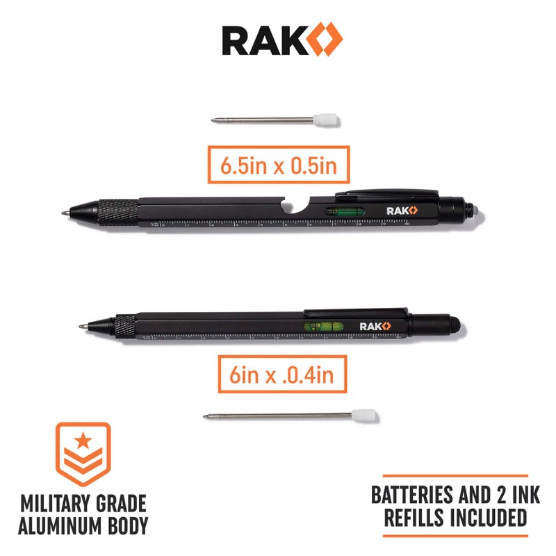 RAK Multitool Pen 2-Pack - Multi-Tool Pens with LED Light, Flathead & Phillips Screwdrivers, Level, Ruler, Bottle Opener, and Stylus. Gift-Ready Box with Ink Refills & Batteries. Great for EDC. - Image 4