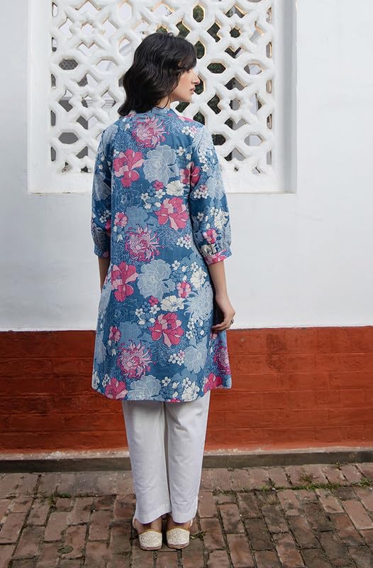 Janasya Women's Blue Pure Cotton Floral A-Line Tunic (JAA24TU00109-M) - Image 4