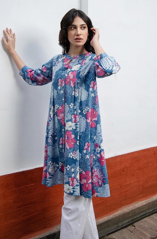 Janasya Women's Blue Pure Cotton Floral A-Line Tunic (JAA24TU00109-M) - Image 2