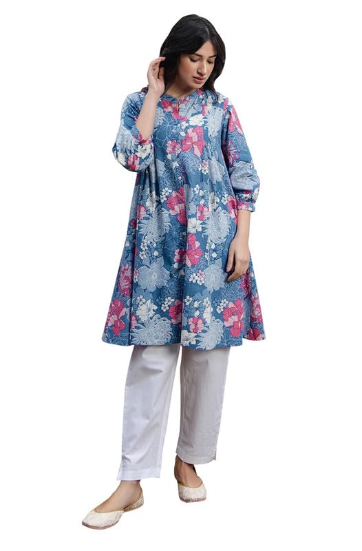 Janasya Women's Blue Pure Cotton Floral A-Line Tunic (JAA24TU00109-M) - Image 1