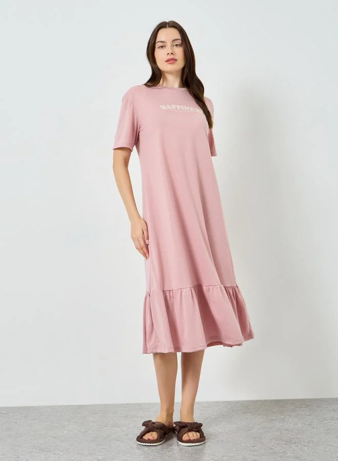 Styli Women Happiness Slogan Wide Ruffle T-Shirt Dress